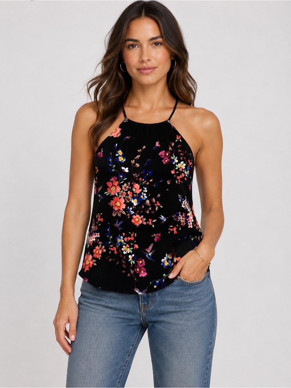 Express Women’s M Spaghetti Strap Floral Top Back Slit Hummingbird Lightweight